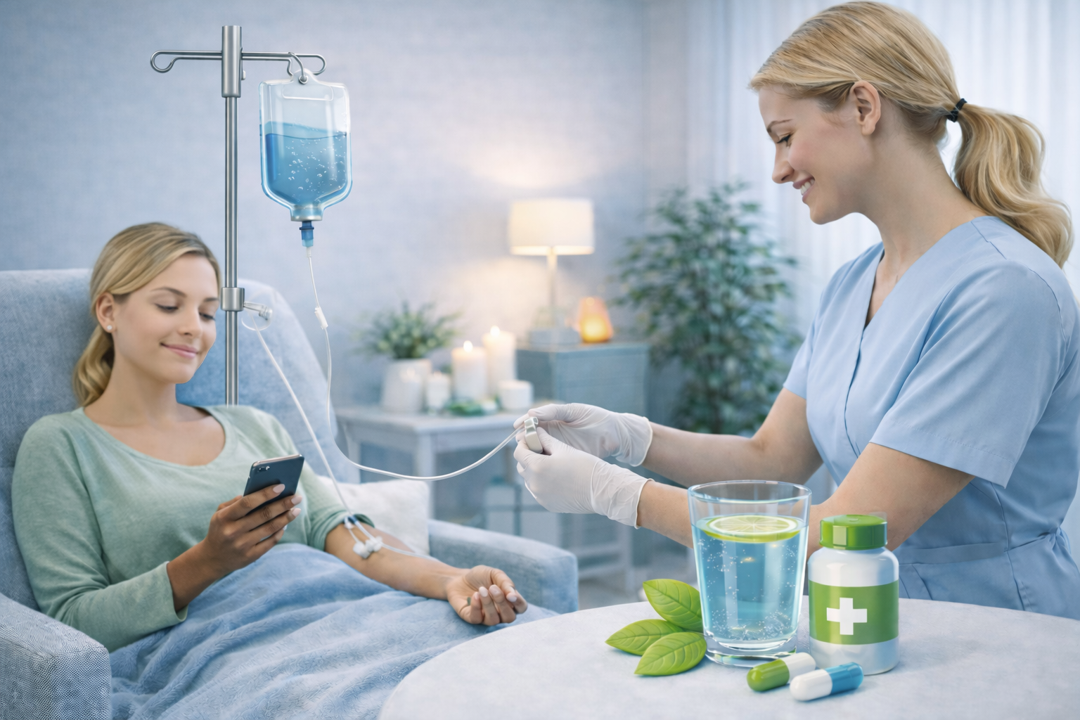 Blonde woman relaxing in a wellness clinic while receiving IV therapy from a nurse, with soft blue tones, natural lighting, and a calm spa-like environment.