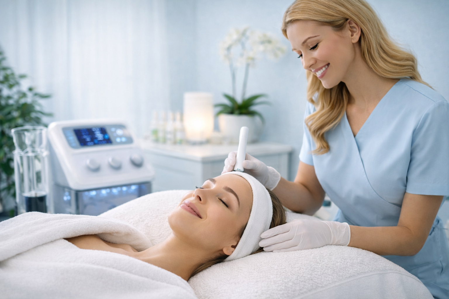 Medical spa facial treatment performed in a calm, professional aesthetic clinic setting