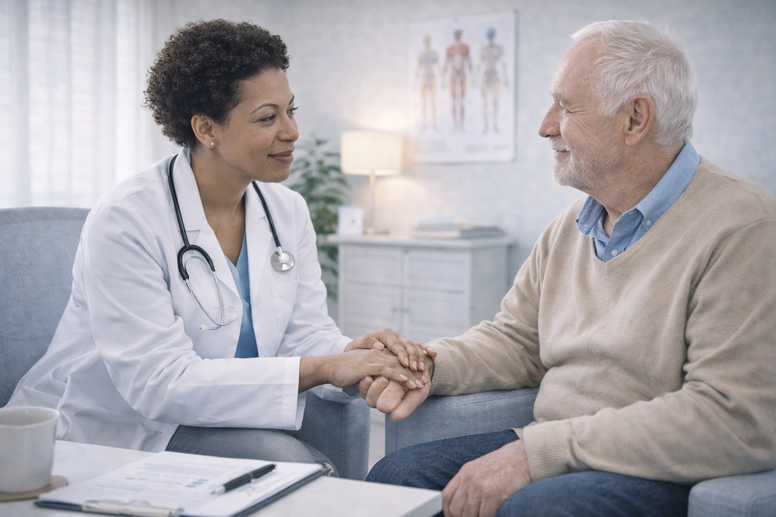 Doctor providing ongoing, patient-centred care by sitting with an elderly male patient, offering reassurance and support during a medical consultation in a calm clinical setting